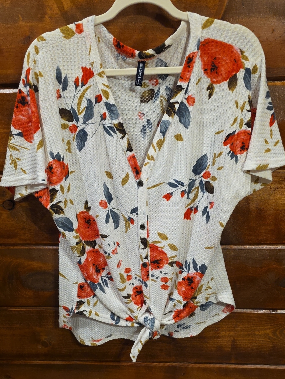 Button-Front Floral Tie-Hem Top - White with Red Floral